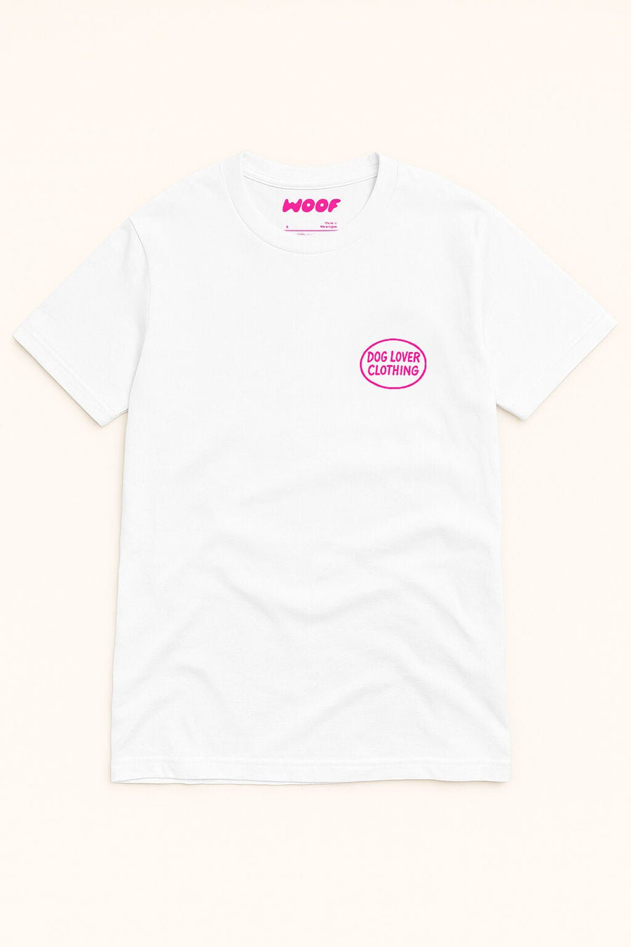 White Soft Life is Better with a Dog T-Shirt from WOOF laid flat, front view