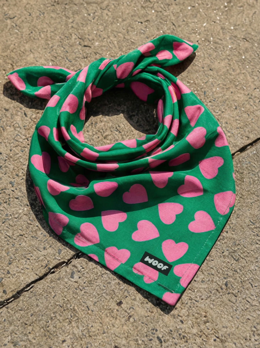 Valentines Day dog bandana from WOOF folded into a triangle