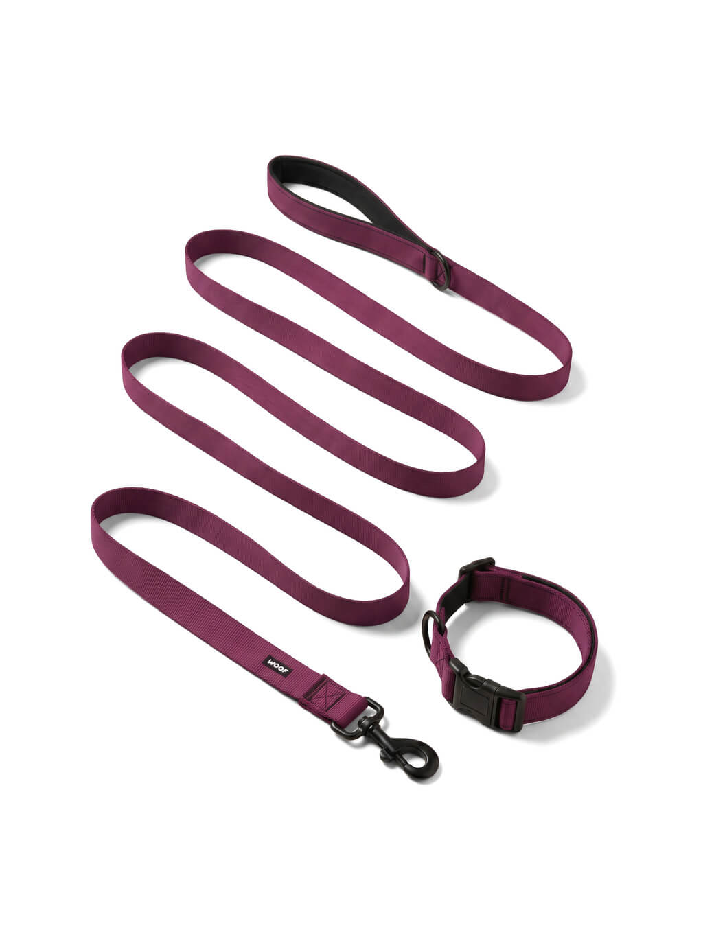 Burgundy dog collar and leash set from WOOF, front view