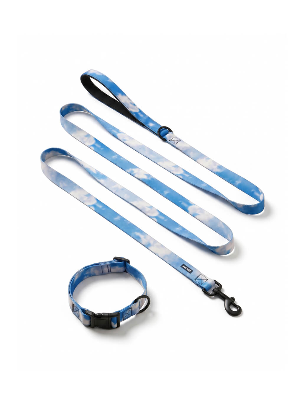 Happy Clouds dog collar and leash set from WOOF, front view of the cloud print