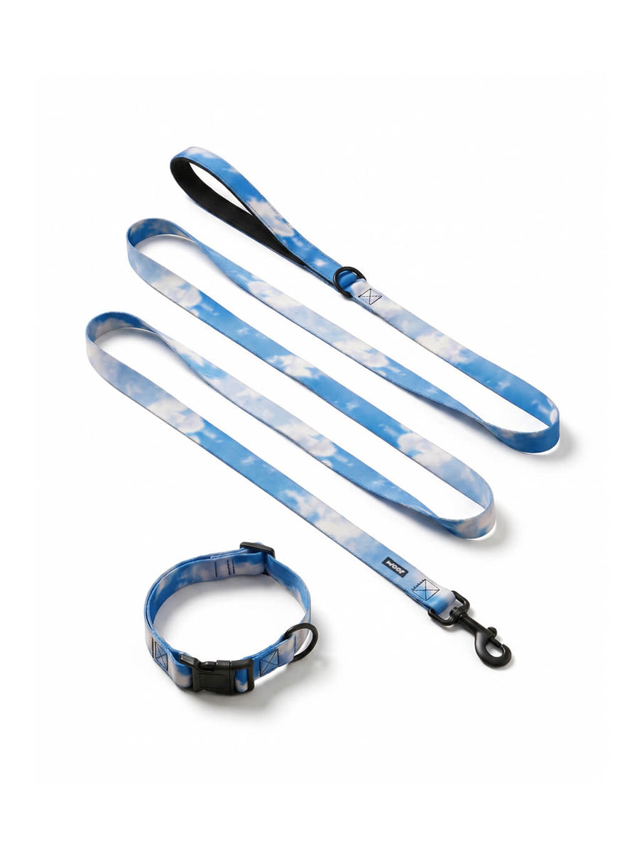 Happy Clouds dog collar and leash set from WOOF, front view of the cloud print
