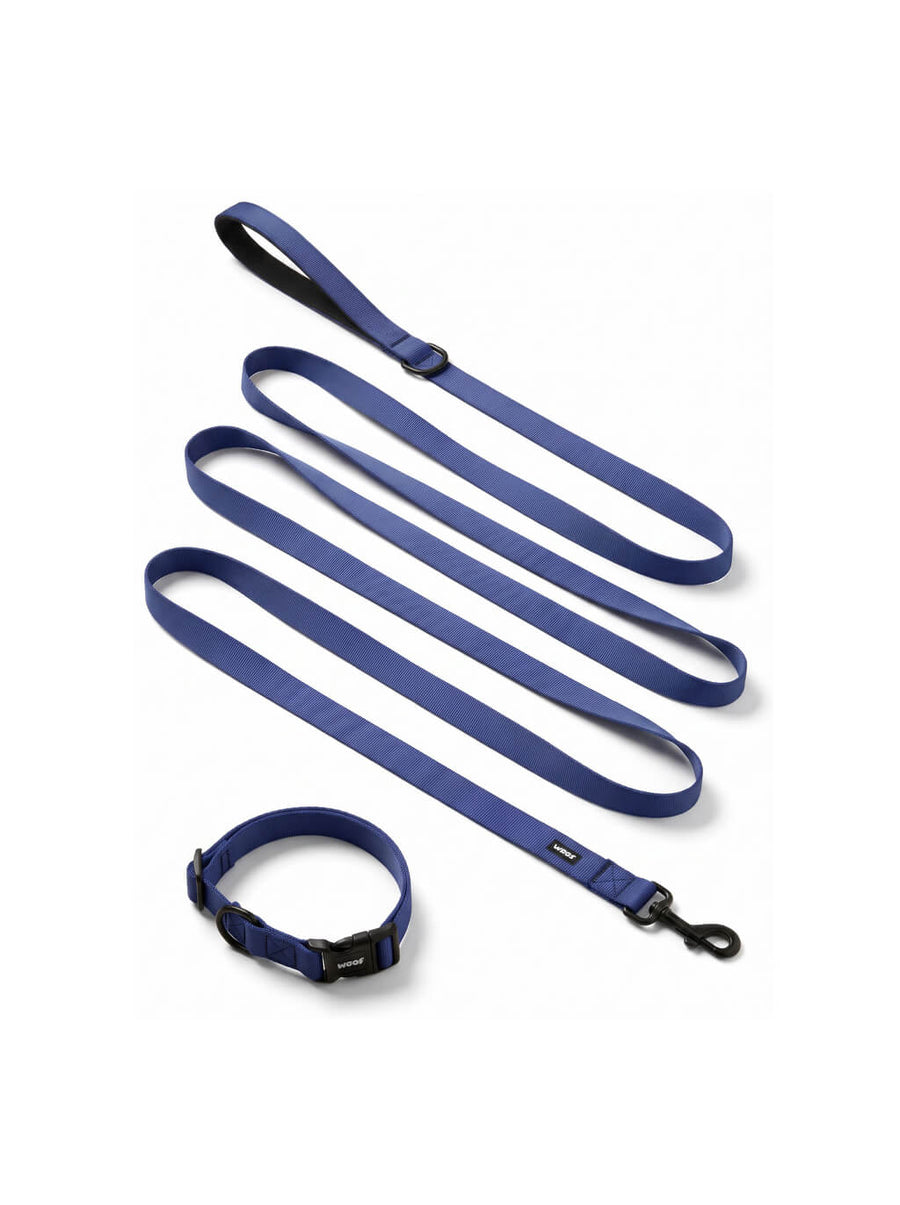 Deep blue dog collar and leash set from WOOF, front view