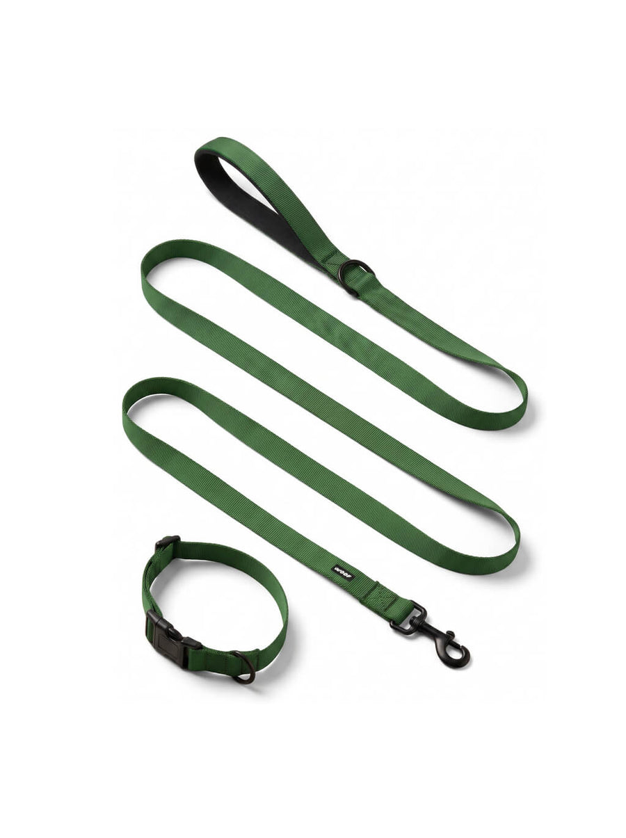 Deep green dog collar and leash set from WOOF, front view