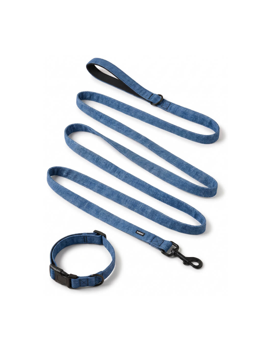 Denim look dog collar and leash set from WOOF, front view