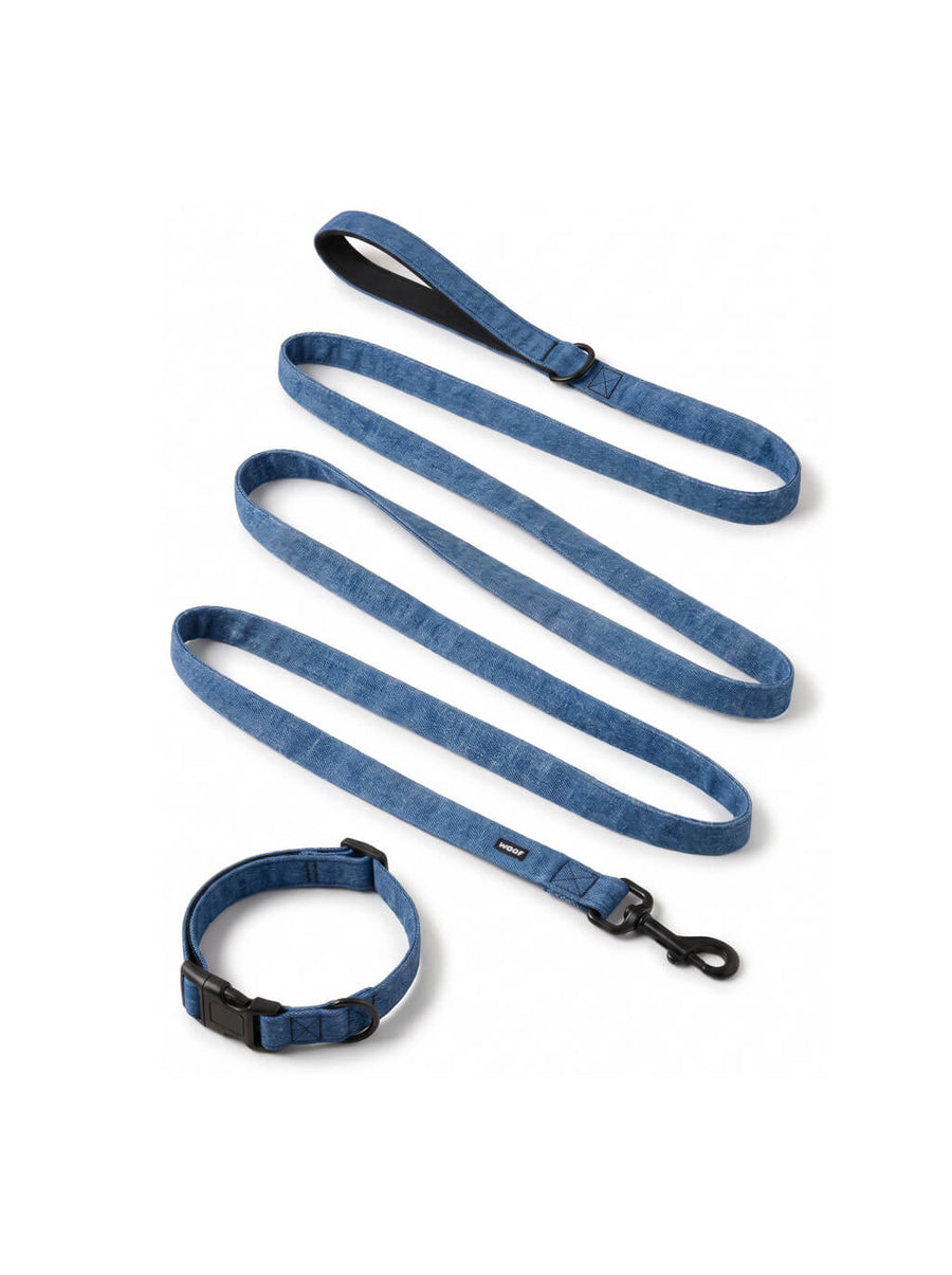 Denim look dog collar and leash set from WOOF, front view