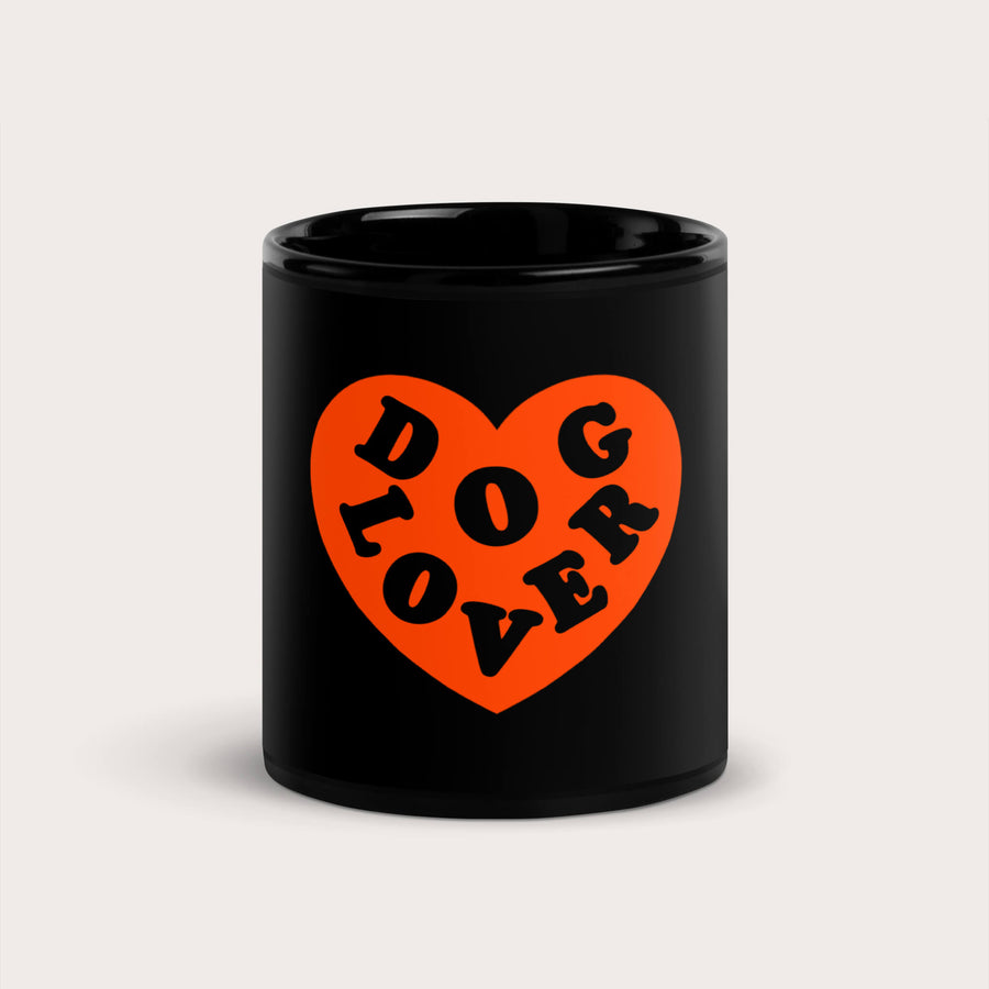 Black Dog Lover Mug from WOOF with a large orange heart and bold DOG LOVER lettering