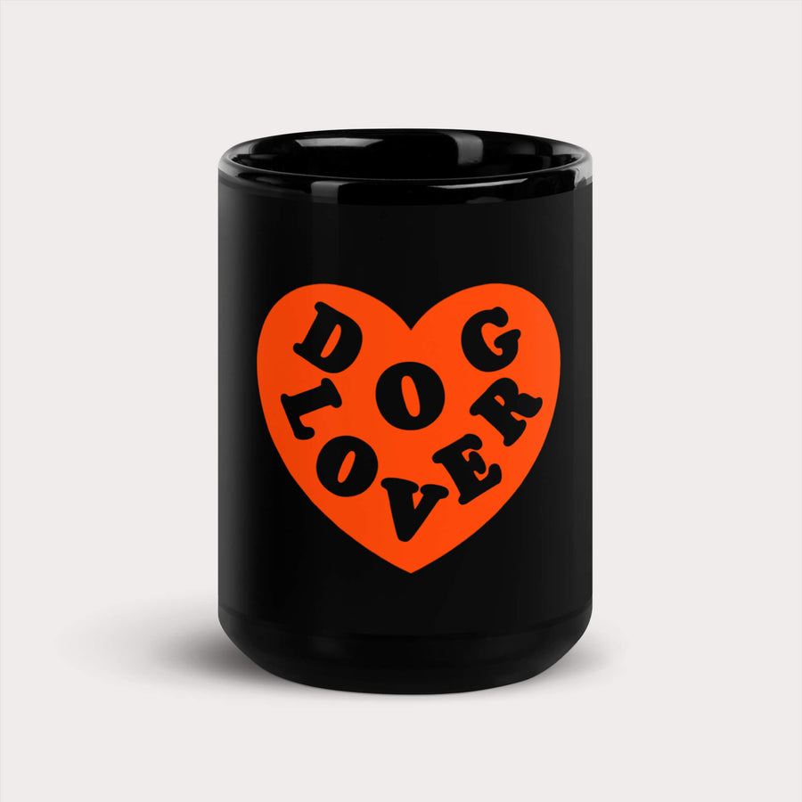 Black Dog Lover Mug from WOOF with an orange heart and DOG LOVER lettering