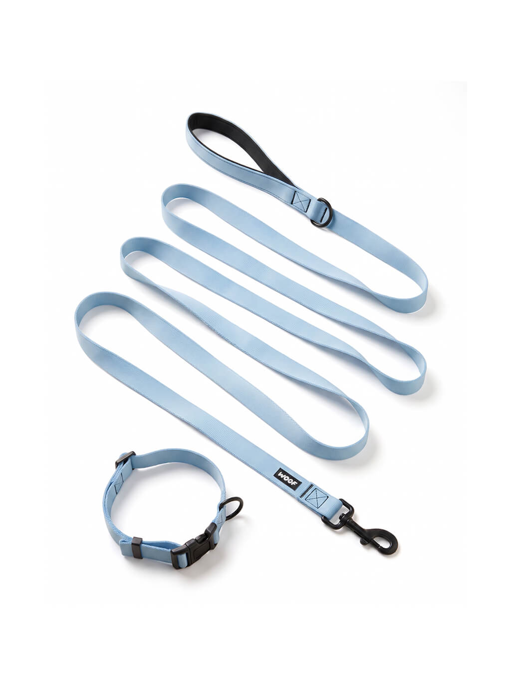 Ice blue dog collar and leash set from WOOF, front view