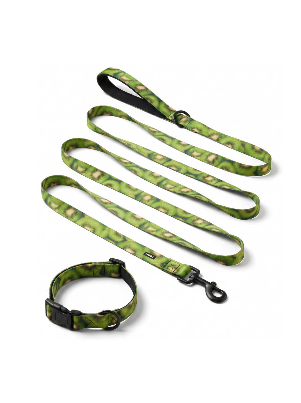 Kiwi print dog collar and leash set from WOOF, front view