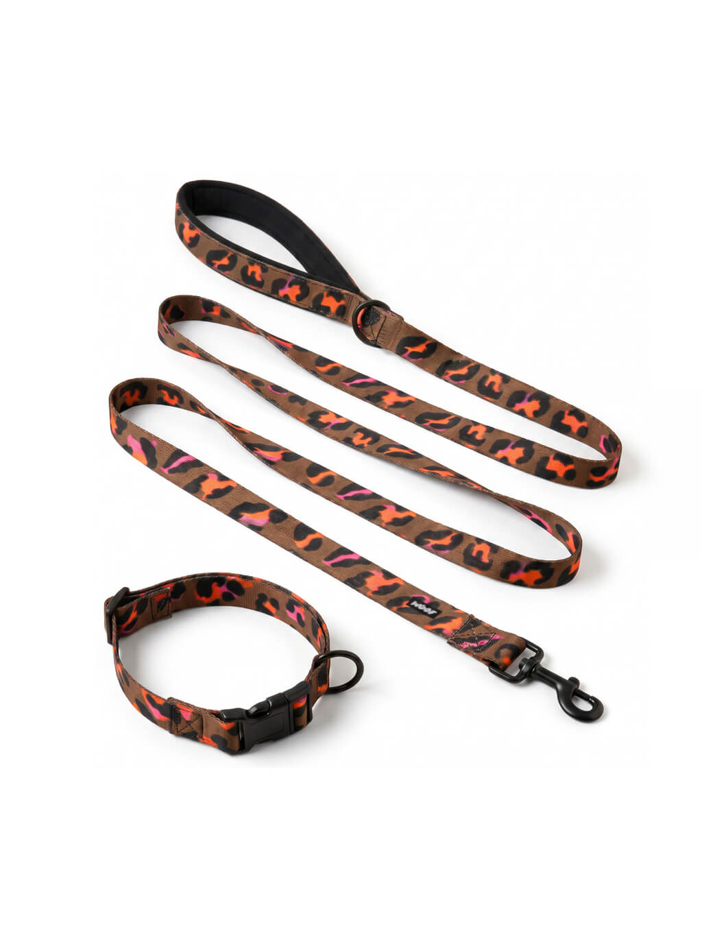 Leopard print dog collar and leash set from WOOF, front view