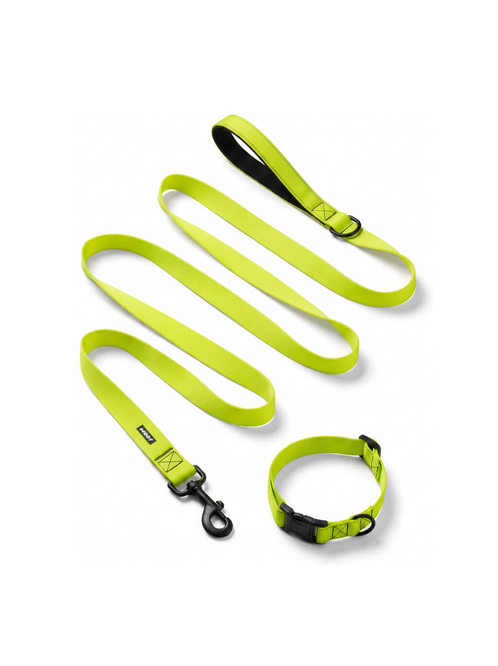 Neon green dog collar and leash set from WOOF, front view