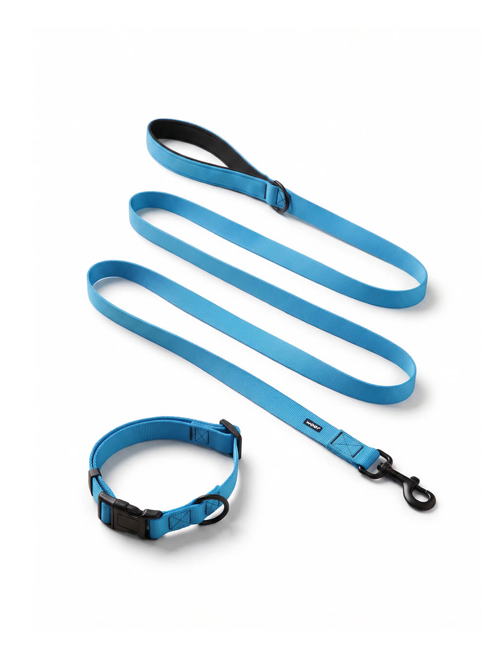 Sky blue dog collar and leash set from WOOF, front view