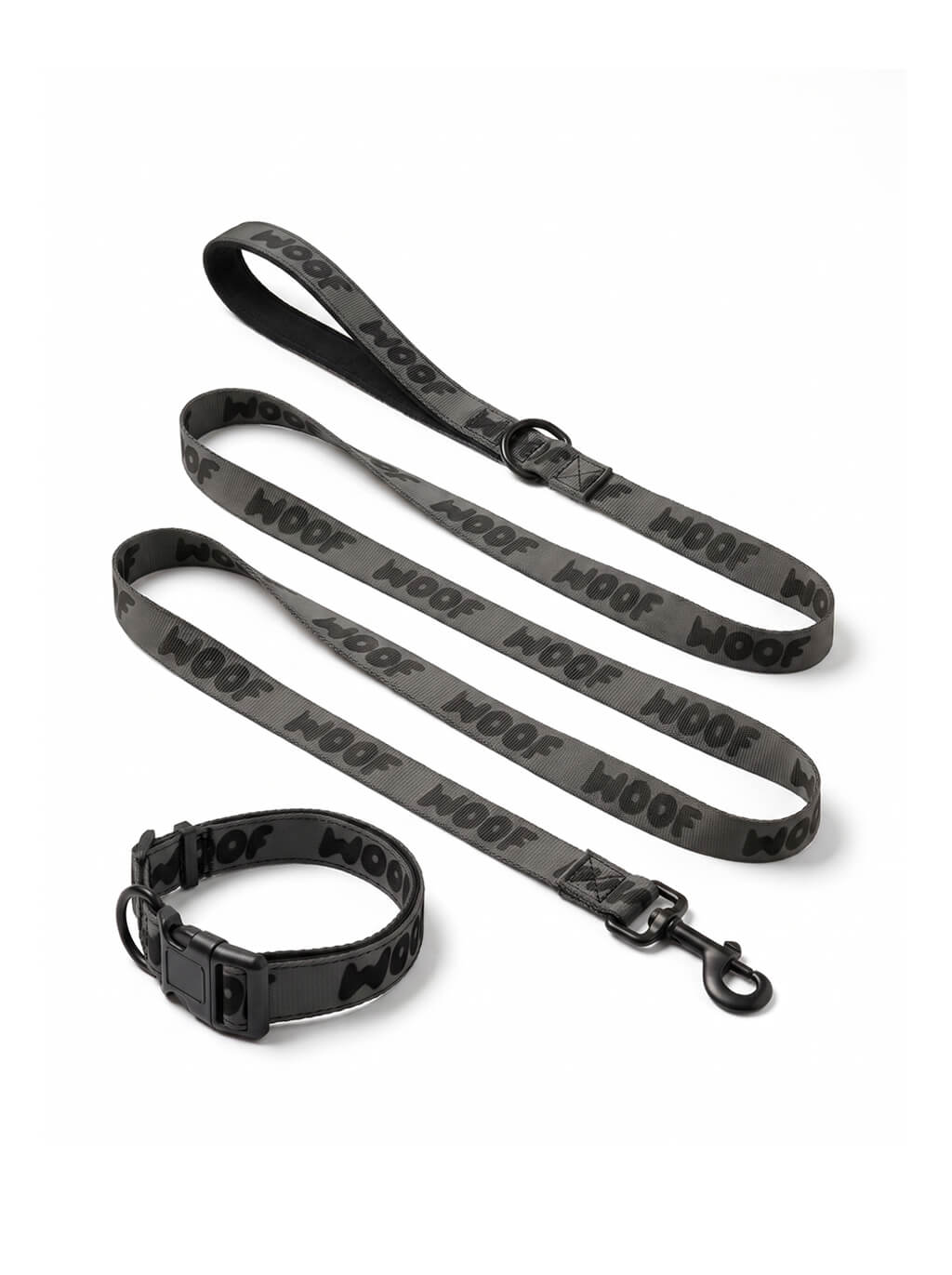 All black WOOF dog collar and leash set, front view