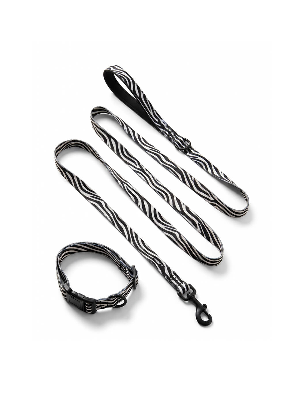 Zebra print dog collar and leash set from WOOF, front view