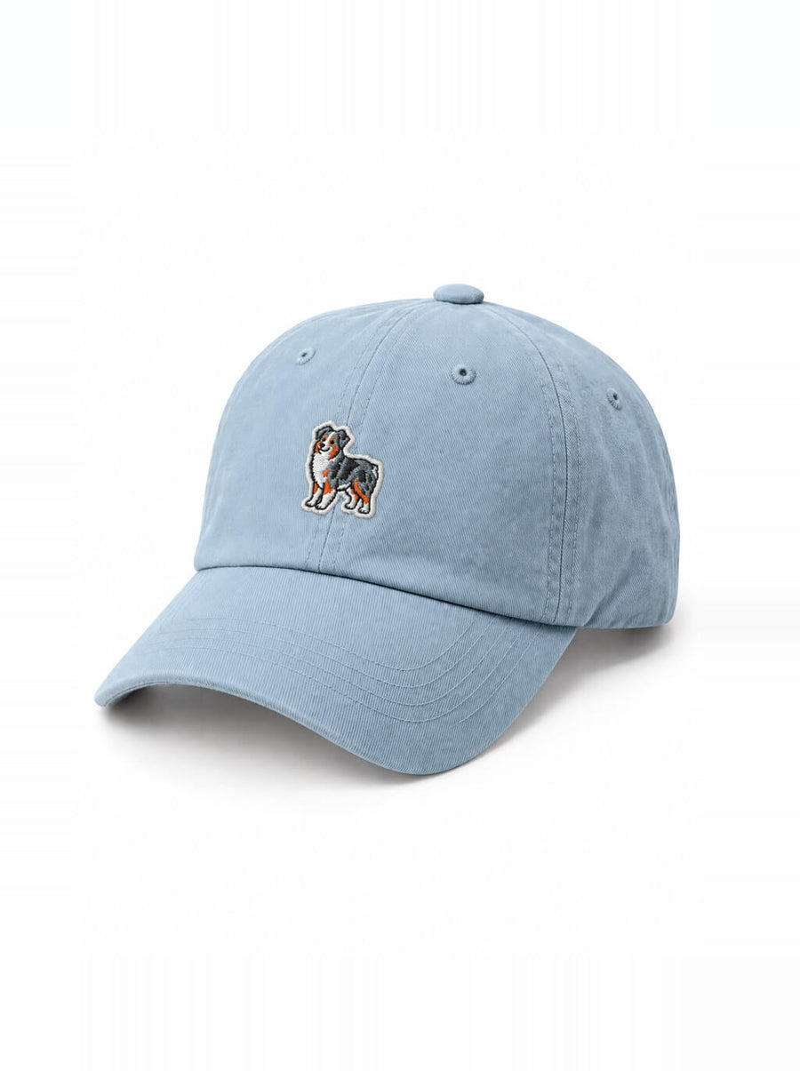 Light blue Aussie Cap from WOOF with the embroidered Australian Shepherd on the front