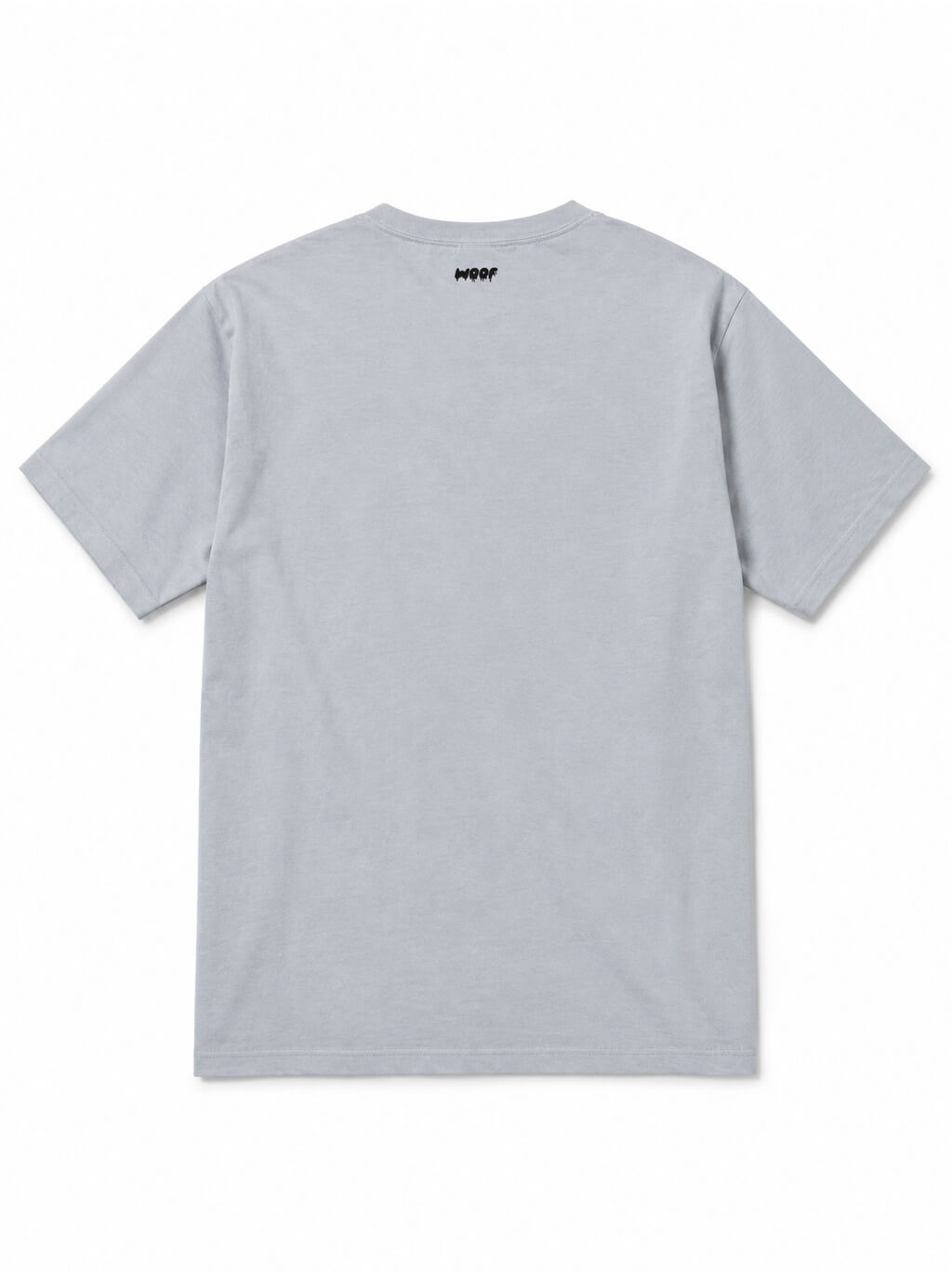 Back of the Bat Ears Frenchie oversized Halloween T-shirt in Light Washed Denim with small WOOF logo below the collar