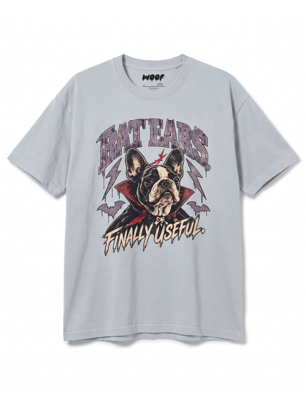 Bat Ears Frenchie oversized Halloween T-shirt in Light Washed Denim featuring a vampire French Bulldog, front view