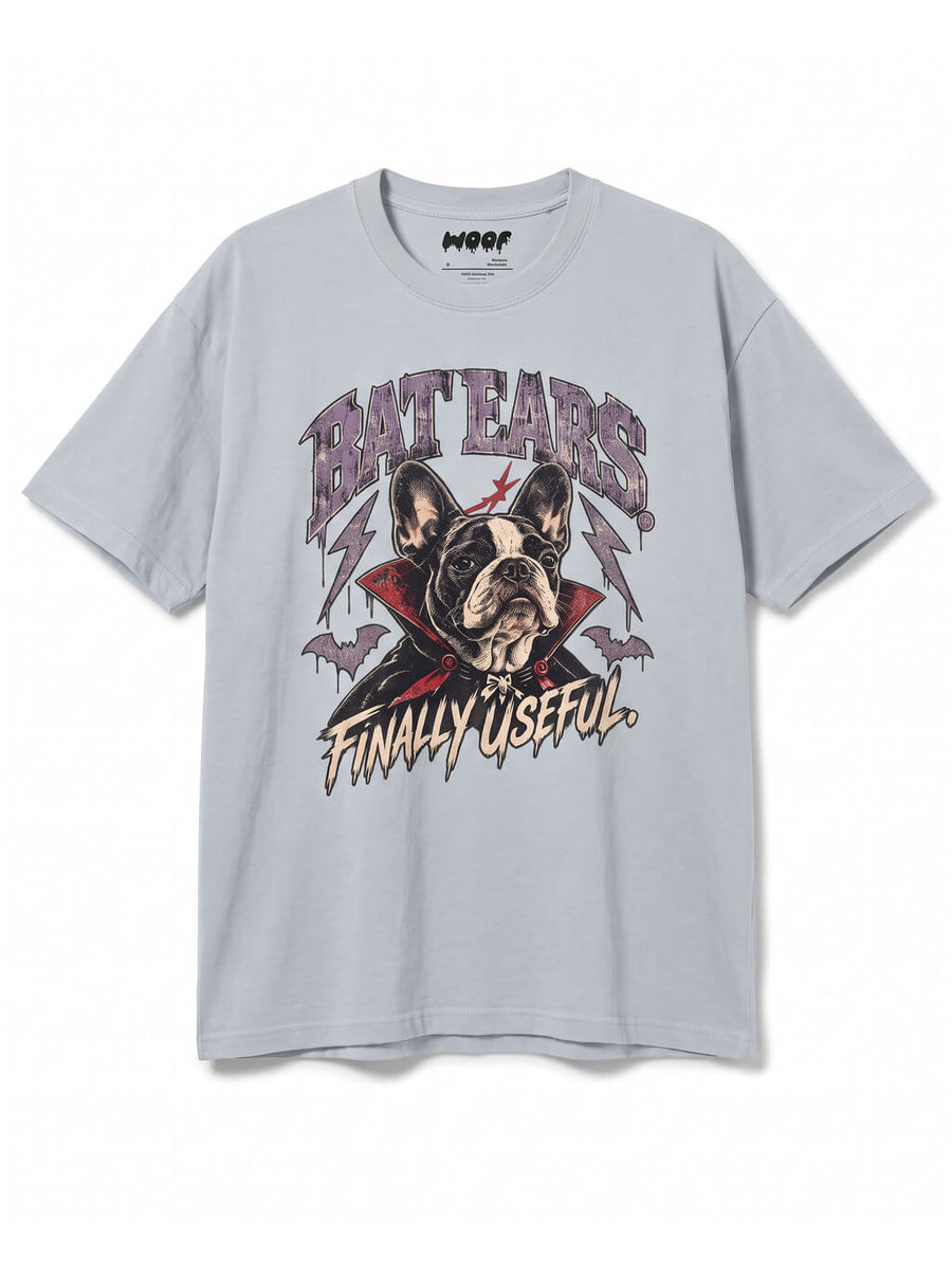 Bat Ears Frenchie oversized Halloween T-shirt in Light Washed Denim featuring a vampire French Bulldog, front view