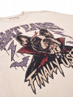 Close-up of the "Bat Ears – Finally Useful" print with a vampire French Bulldog on the Vintage White tee