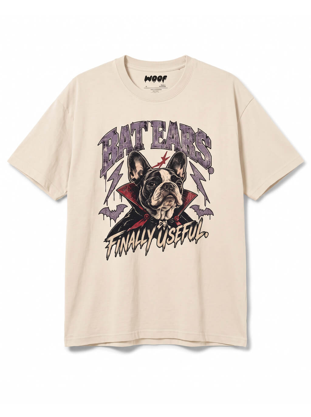Bat Ears Frenchie oversized Halloween T-shirt in Vintage White featuring a vampire French Bulldog, front view