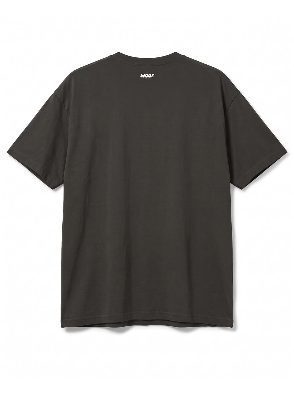 Back of the Bat Ears Frenchie oversized Halloween T-shirt in Washed Black with small WOOF logo below the collar
