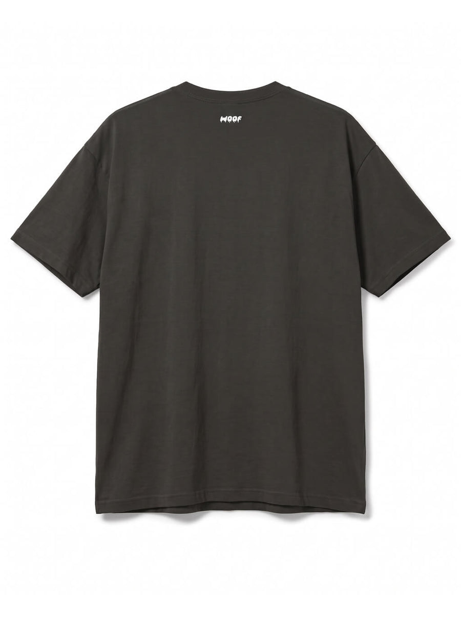 Back of the Bat Ears Frenchie oversized Halloween T-shirt in Washed Black with small WOOF logo below the collar