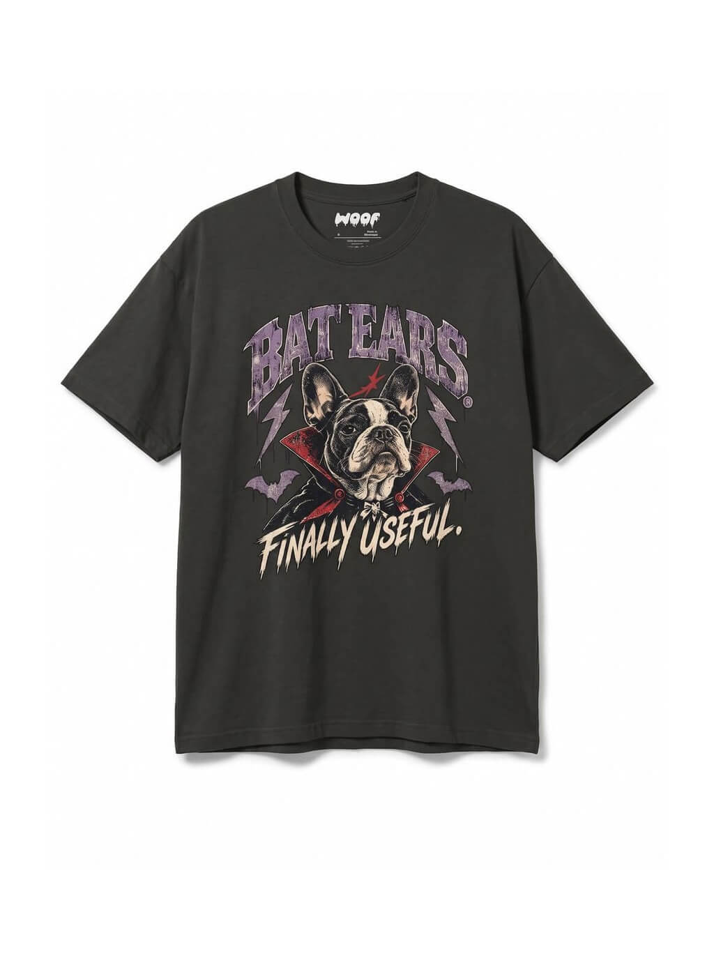 Bat Ears Frenchie oversized Halloween T-shirt in Washed Black featuring a vampire French Bulldog, front view