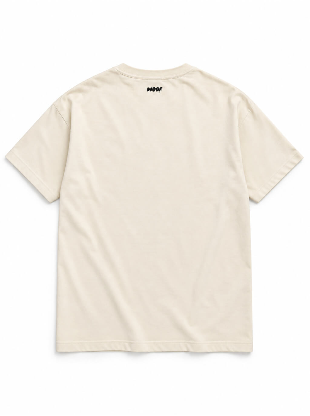 Back of the Boo Crew Frenchie oversized Halloween T-shirt in Vintage White with small WOOF logo below the collar