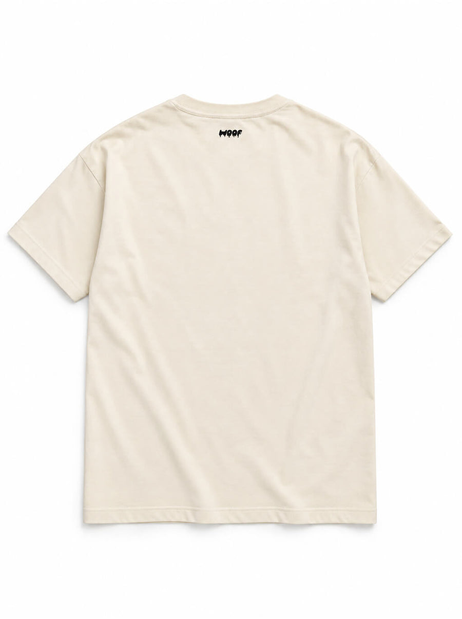 Back of the Boo Crew Frenchie oversized Halloween T-shirt in Vintage White with small WOOF logo below the collar