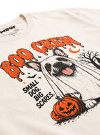 Close-up of the "Boo Crew – Small Dog, Big Scares" print with a French Bulldog ghost with a jack-o'-lantern on the Vintage White tee
