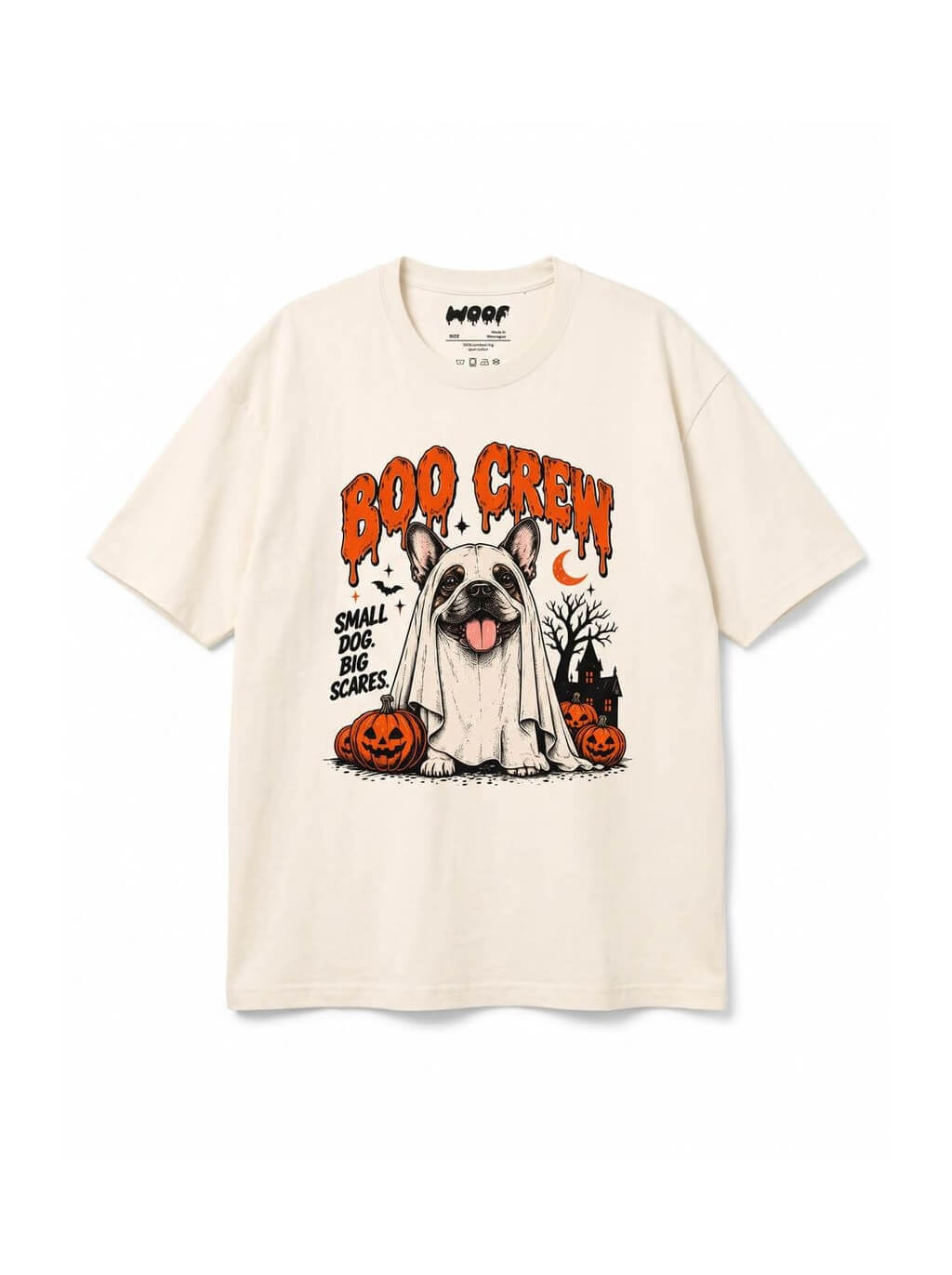 Boo Crew Frenchie oversized Halloween T-shirt in Vintage White featuring a French Bulldog ghost with a jack-o'-lantern, front view