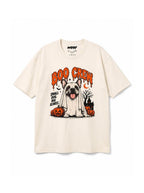 Boo Crew Frenchie oversized Halloween T-shirt in Vintage White featuring a French Bulldog ghost with a jack-o'-lantern, front view
