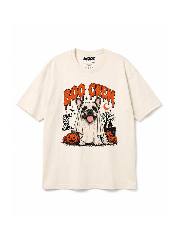 Boo Crew Frenchie oversized Halloween T-shirt in Vintage White featuring a French Bulldog ghost with a jack-o'-lantern, front view