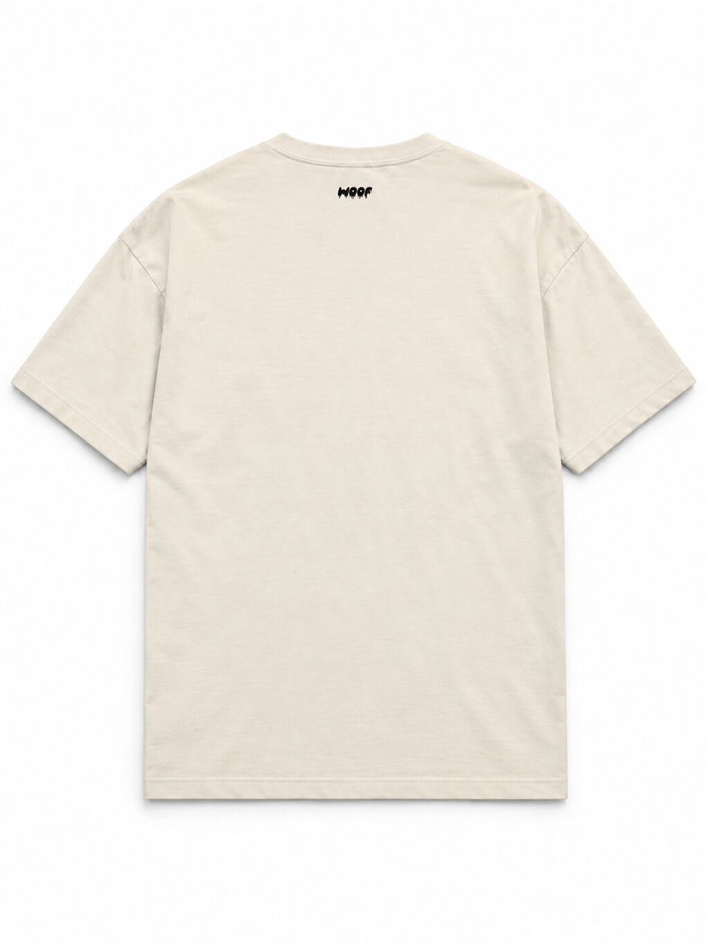 Back of the Chihuahua Halloween oversized T-shirt in Vintage White with small WOOF logo below the collar