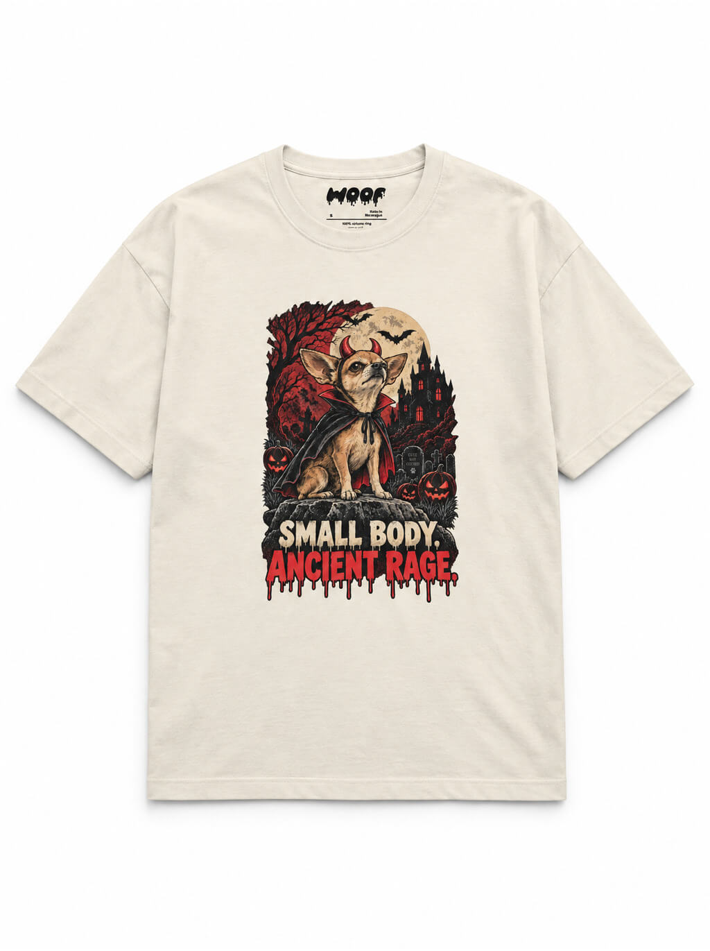 Chihuahua Halloween oversized T-shirt in Vintage White featuring a Chihuahua in a haunted graveyard, front view