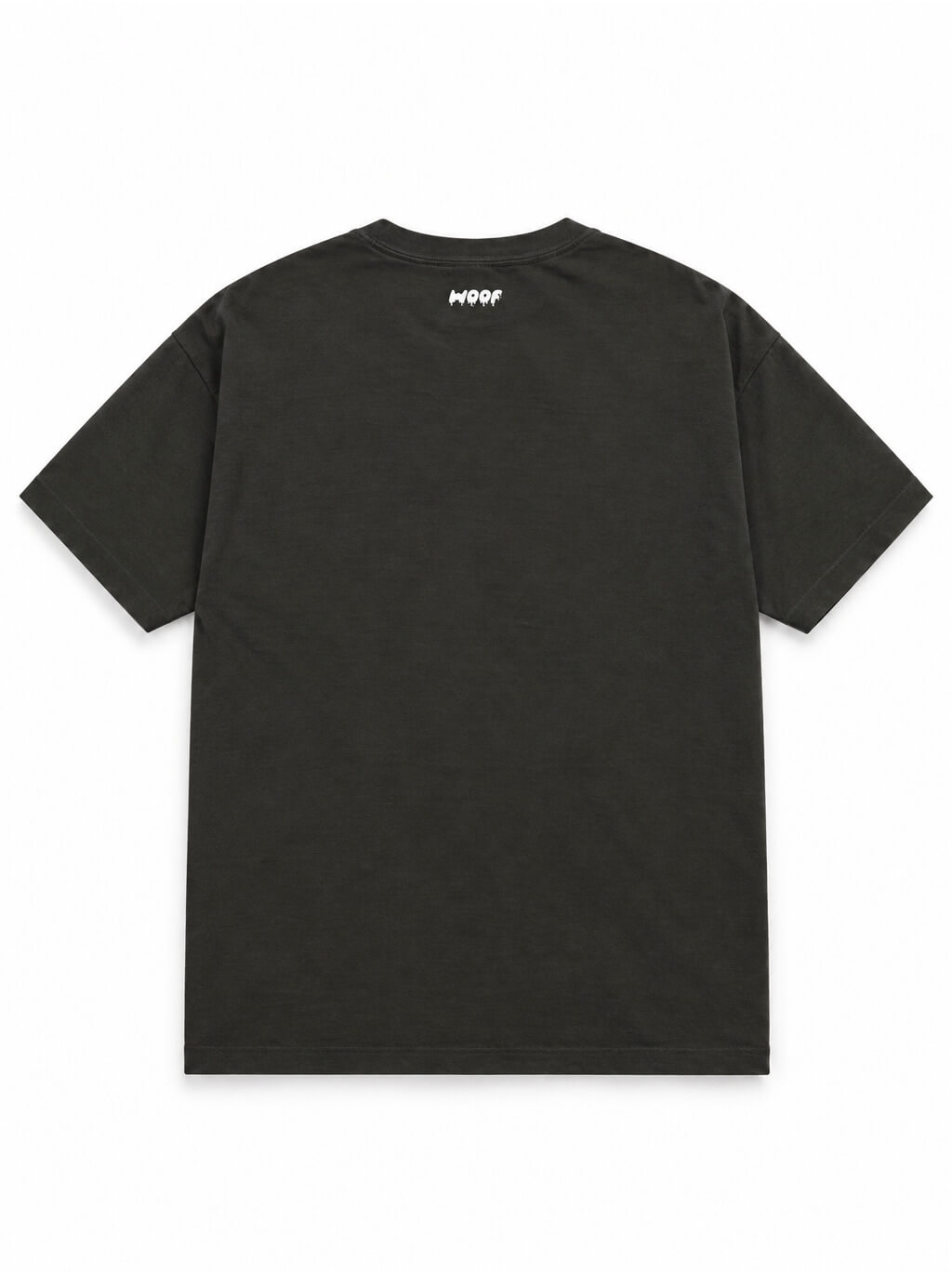Back of the Chihuahua Halloween oversized T-shirt in Washed Black with small WOOF logo below the collar