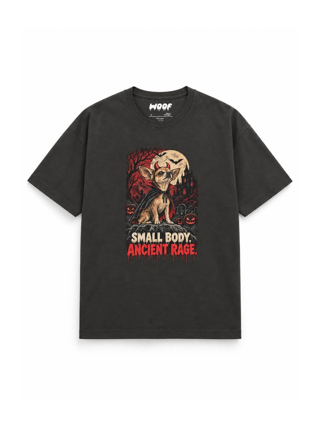 Chihuahua Halloween oversized T-shirt in Washed Black featuring a Chihuahua in a haunted graveyard, front view