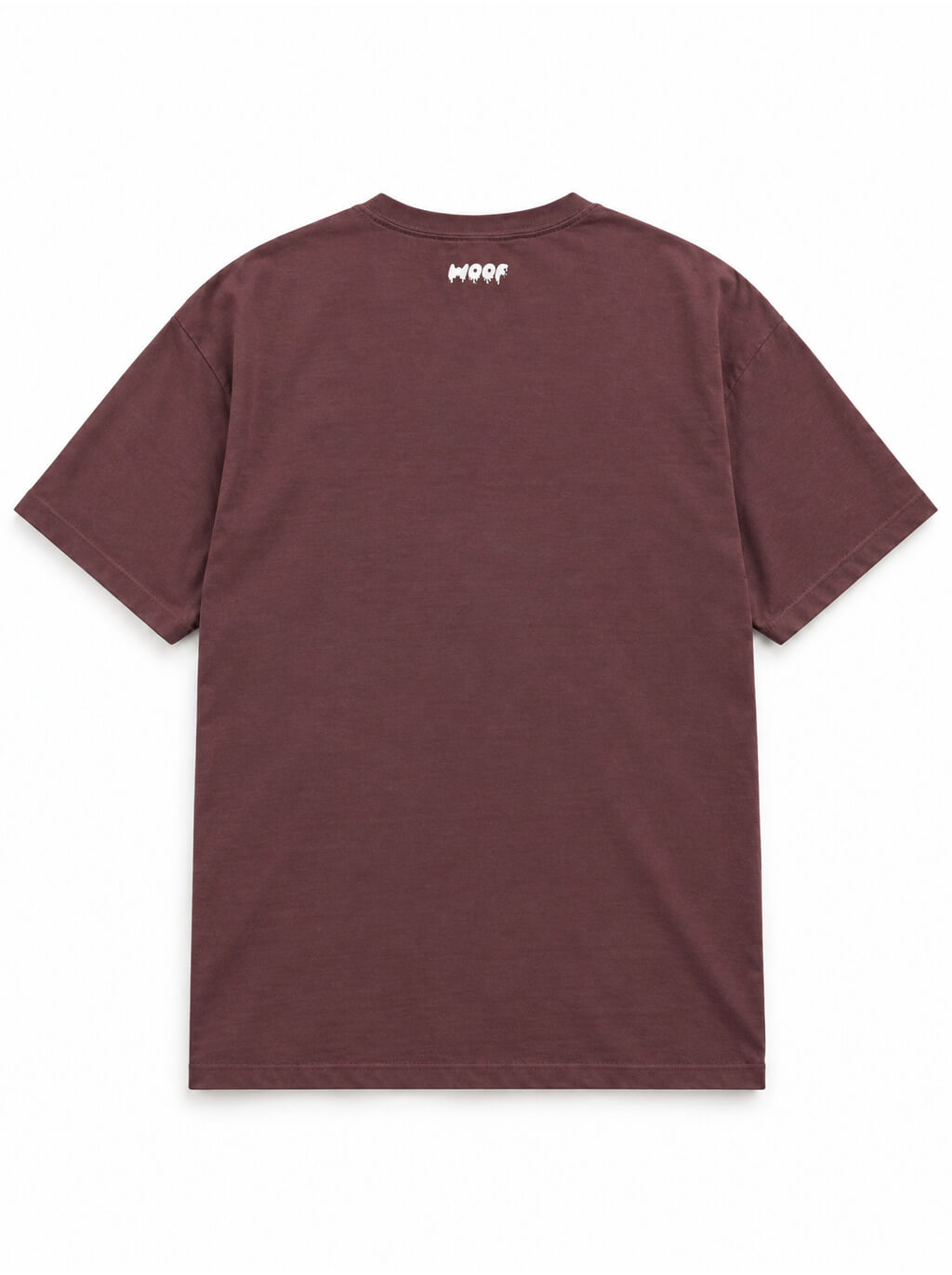 Back of the Chihuahua Halloween oversized T-shirt in Washed Maroon with small WOOF logo below the collar