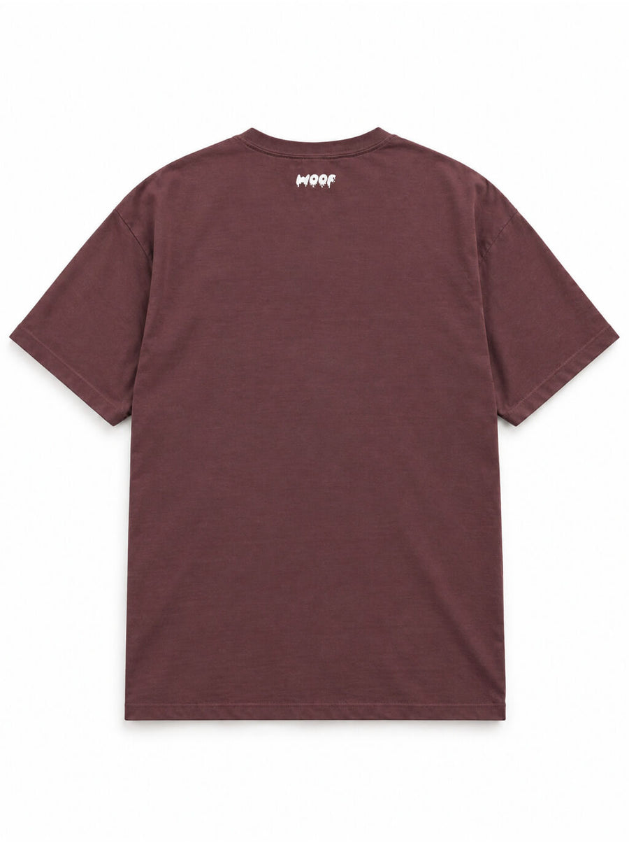 Back of the Chihuahua Halloween oversized T-shirt in Washed Maroon with small WOOF logo below the collar