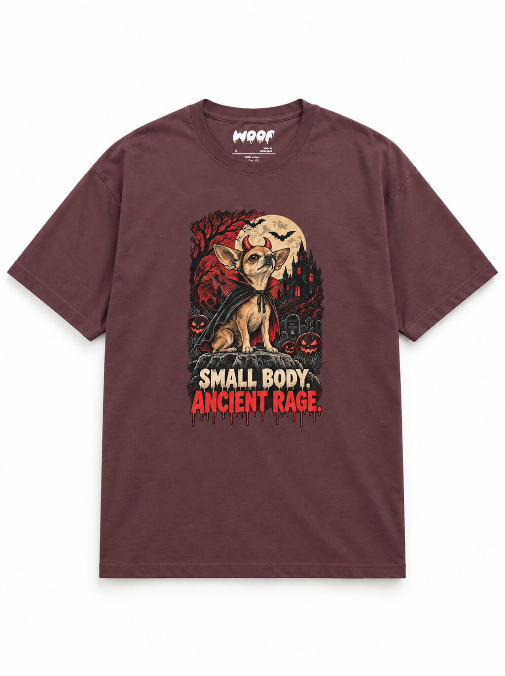 Chihuahua Halloween oversized T-shirt in Washed Maroon featuring a Chihuahua in a haunted graveyard, front view
