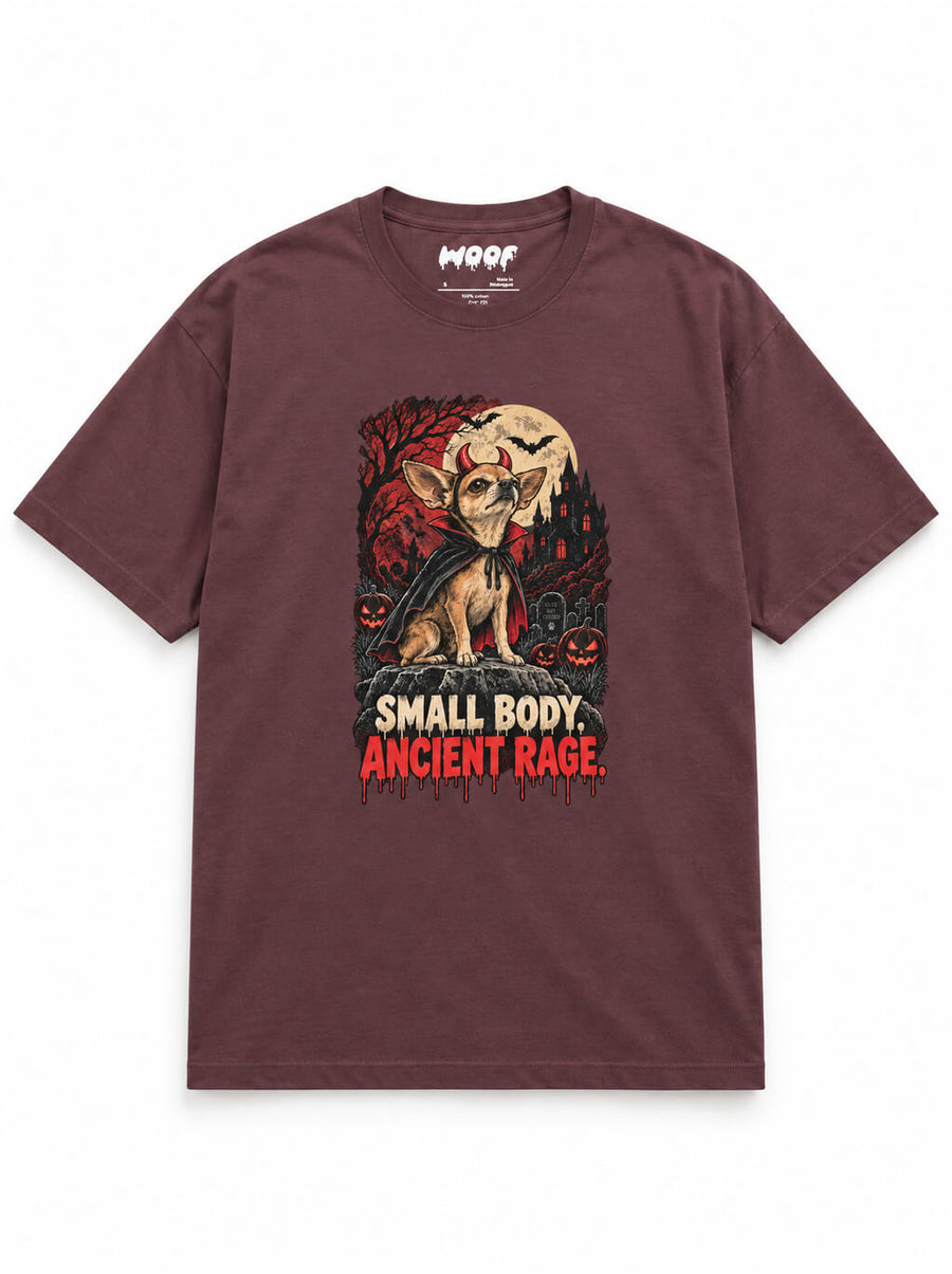 Chihuahua Halloween oversized T-shirt in Washed Maroon featuring a Chihuahua in a haunted graveyard, front view