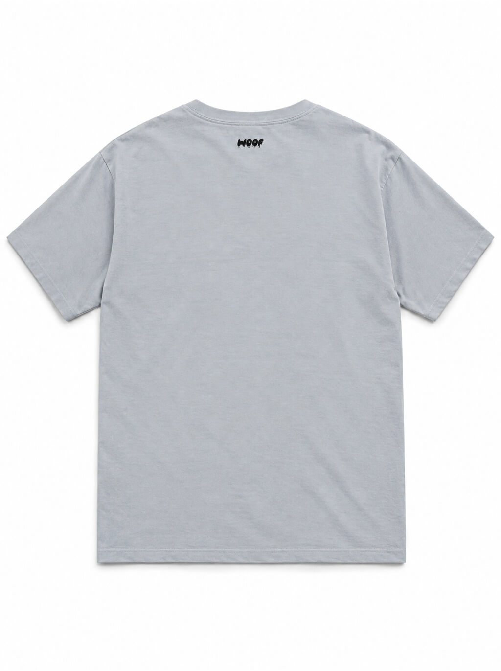 Back of the Corgi Butts Halloween oversized T-shirt in Light Washed Denim with small WOOF logo below the collar