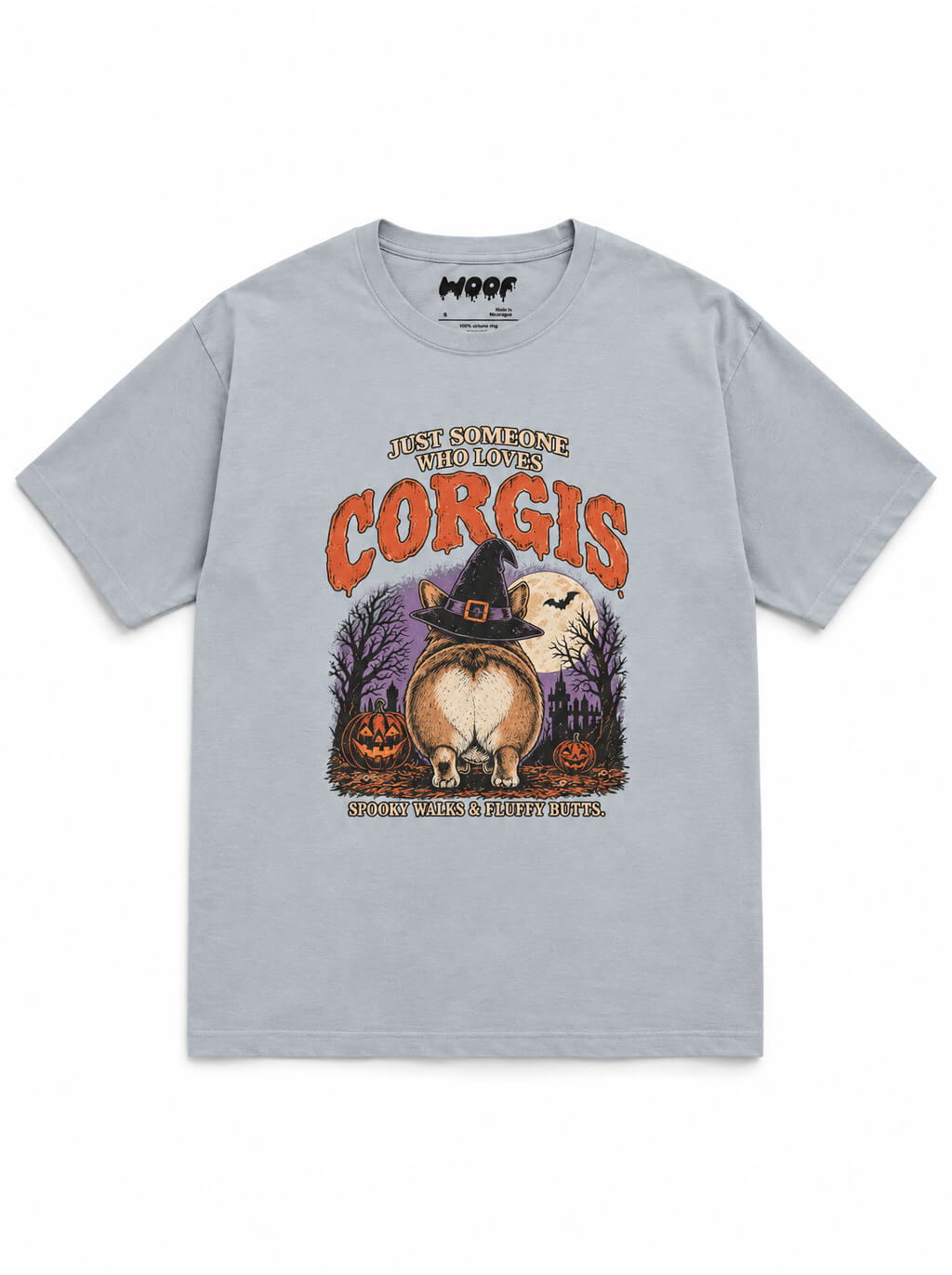 Corgi Butts Halloween oversized T-shirt in Light Washed Denim featuring a Corgi butt in a witch hat, front view