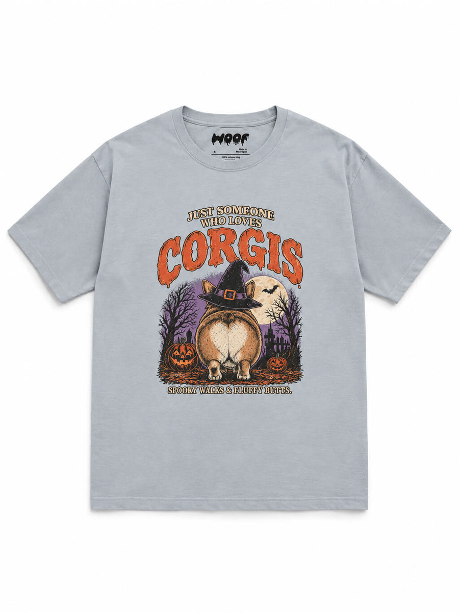 Corgi Butts Halloween oversized T-shirt in Light Washed Denim featuring a Corgi butt in a witch hat, front view