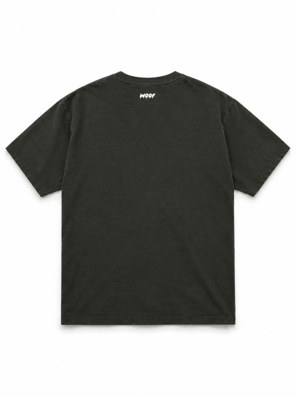 Back of the Corgi Butts Halloween oversized T-shirt in Washed Black with small WOOF logo below the collar