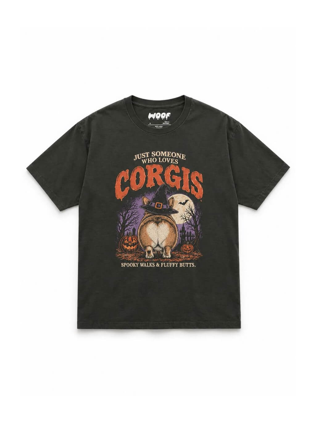 Corgi Butts Halloween oversized T-shirt in Washed Black featuring a Corgi butt in a witch hat, front view
