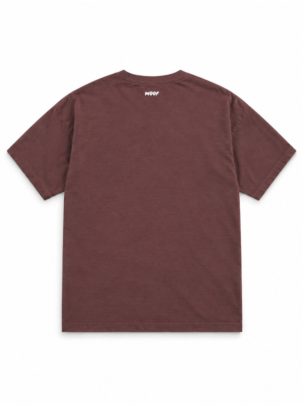 Back of the Corgi Butts Halloween oversized T-shirt in Washed Maroon with small WOOF logo below the collar