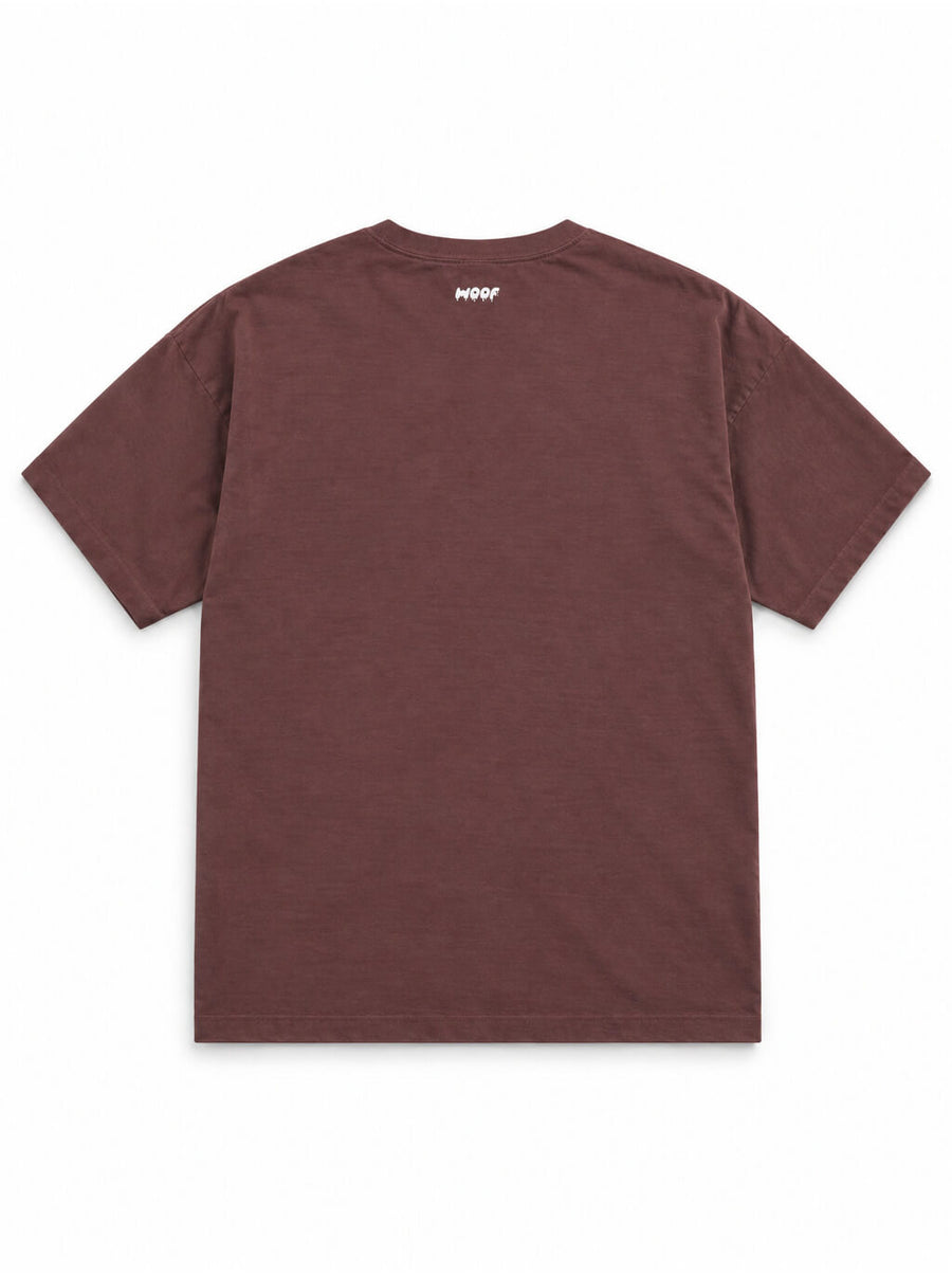 Back of the Corgi Butts Halloween oversized T-shirt in Washed Maroon with small WOOF logo below the collar