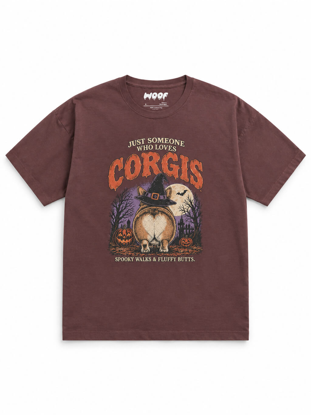 Corgi Butts Halloween oversized T-shirt in Washed Maroon featuring a Corgi butt in a witch hat, front view