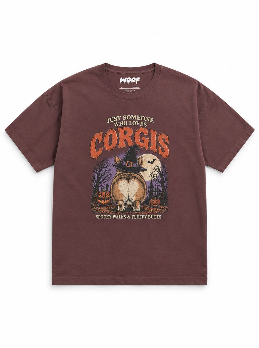 Corgi Butts Halloween oversized T-shirt in Washed Maroon featuring a Corgi butt in a witch hat, front view